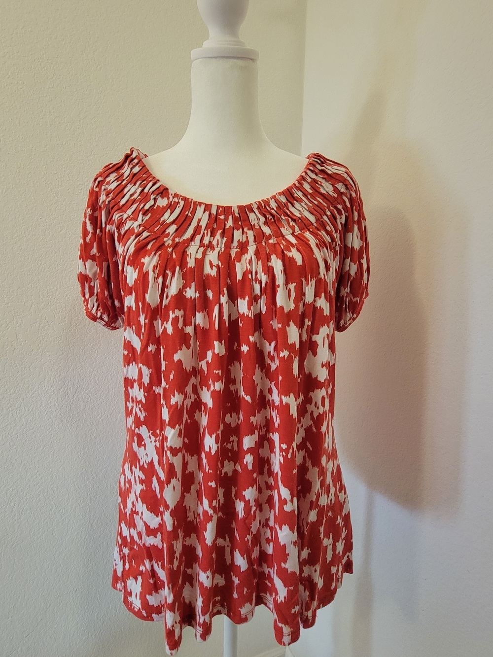 GNW Red and White Printed Short Sleeve Peasant Blouse - Large